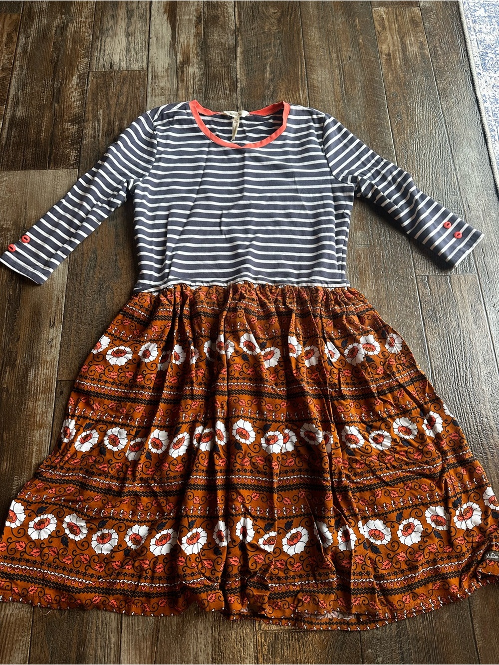 Matilda Jane Winsome Knee Length Boho Floral Whimsy  Striped Fall Dress Womens M